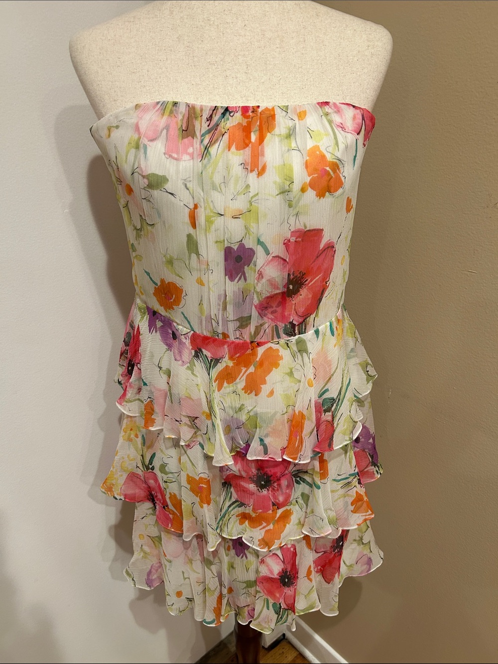 Polo Ralph Lauren White Floral Strapless Tiered Ruffle Dress Sz 12 NWT $398
